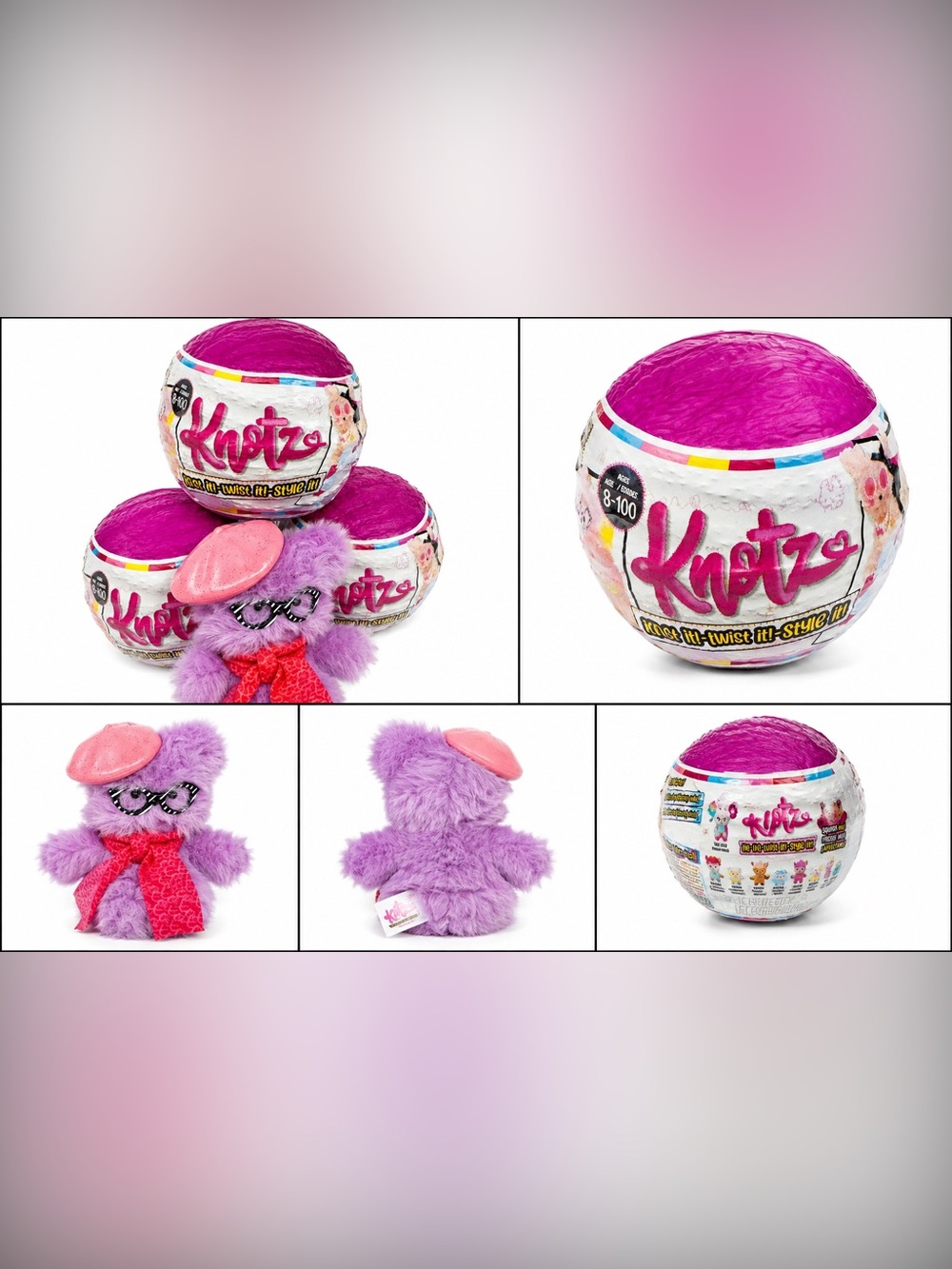 Knotz Surprise Plush Ball (3 total) plus the purple bear blind bag blind box